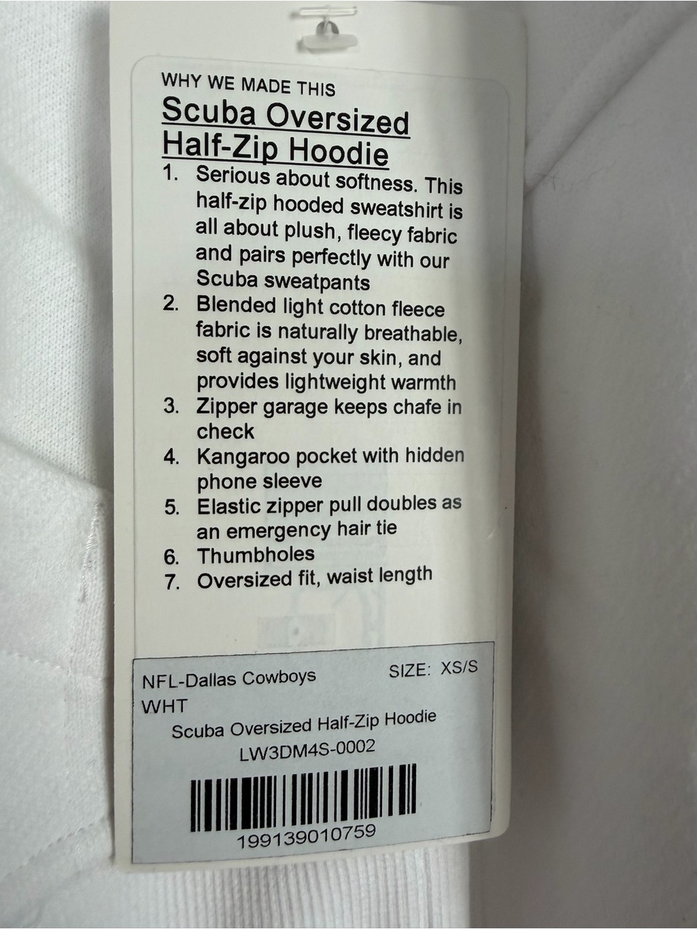 NWT Lululemon x NFL Dallas Cowboys Scuba Half Zip Hoodie White XS/S - Picture 3 of 7